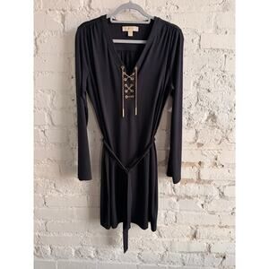 Michael Kors Black Lace-Up V-Neck Long Sleeve Belted Dress Size Large
